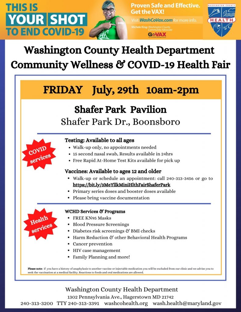 Health department health fair, Shafer Park pavilion in Boonsboro. Friday, July 29. 10 a.m.-2 p.m. Details in event post.