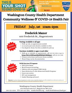 Health Fair, Frederick Manor, 600 Frederick St., Hagerstown, July 1, 10 a.m.-2 p.m. Free.