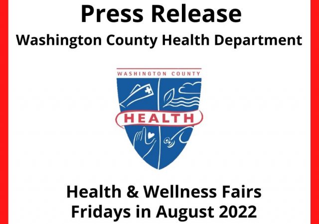 Press release header, health department logo, promoting health fairs Fridays in August, details in release