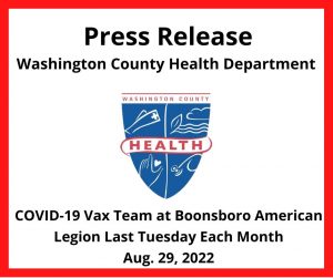 Health department logo, Press release title - COVID vax team at Boonsboro American Legion last Tuesday each month, details in text on website