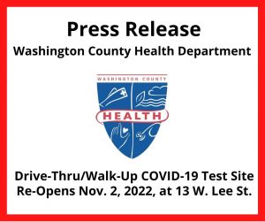 Press release - Drive-thru COVID test site reopening Nov. 2. Health department logo. Details in post.