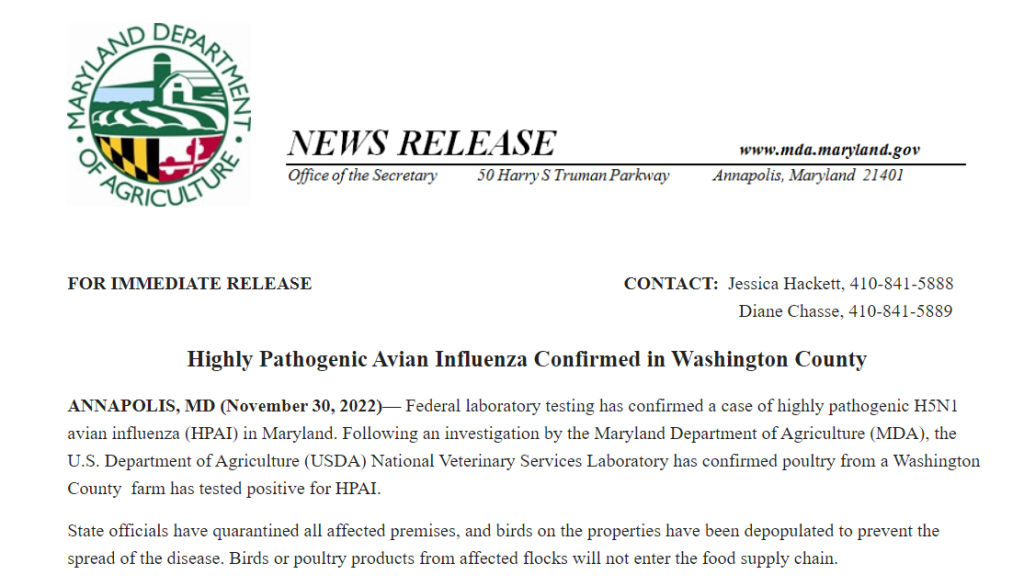 News release from MD Dept of Ag on confirmed poultry case of avian flu in the state. Details in post.