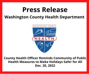 Press release header; health department logo; Public Health Advisory from County Health Officer to mask, wash hands, get shots before holiday gatherings, Dec. 20, 2022