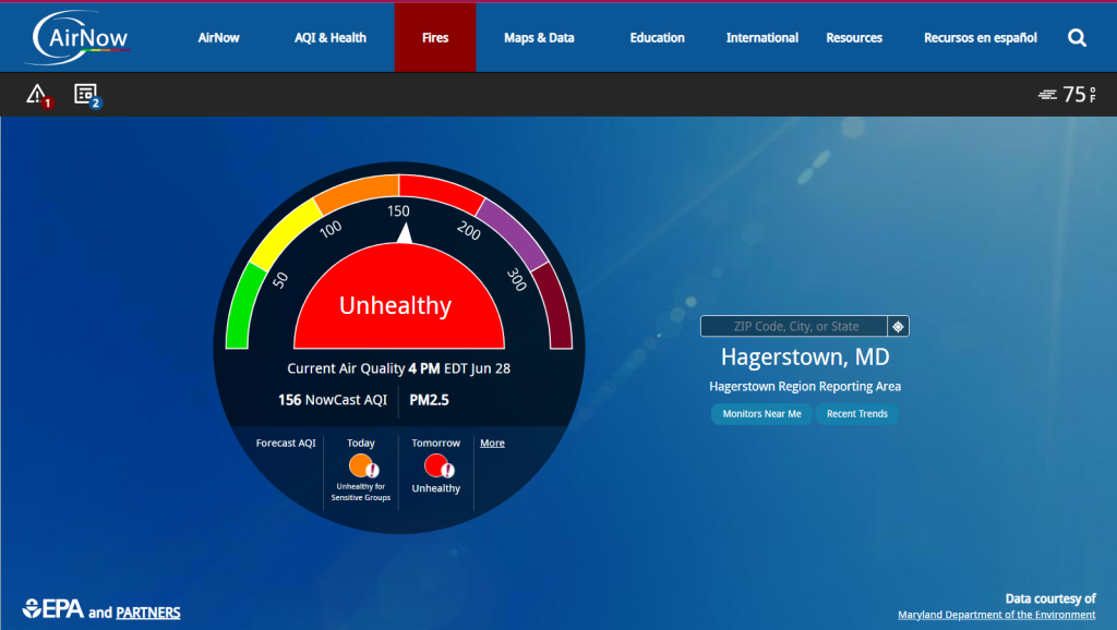 AirNow air quality index graphic for June 28, 4 p.m., for Hagerstown, Md. Graphic source: EPA.