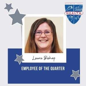 IMAGE: Employee of the Quarter graphic with stars; photo and name of winner: Laura Bishop; health department logo