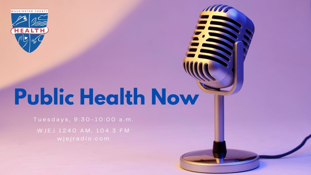 Image of old-fashioned radio microphone with Text: Public Health Now new radio show now on Tuesdays, 9:30-10:00 a.m. on WJEJ 1240 AM/104.3 FM and wjejradio.com; Health department logo