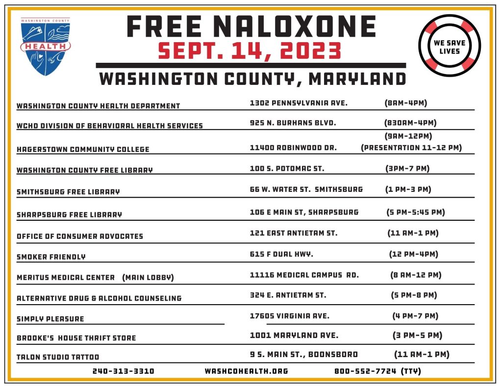 Image: Table of free naloxone day locations; date: Sept. 14; locations throughout WashCo; health department and Appalachian "Save a Life" logos; details in post