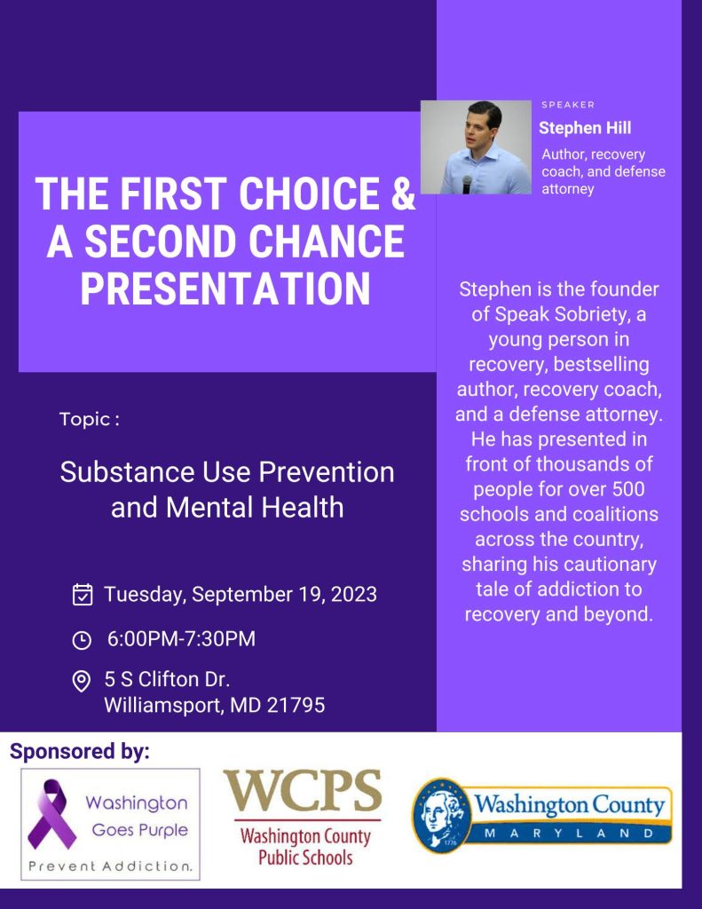 Image: Flyer advertising The First Choice & A Second Change presentation w/Stephen Hill; Hill's photo; WCPS/WashCo Gov/Wash Goes Purple logos; details in post