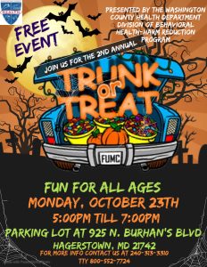 trunk or treat flyer. a car trunk with candy and pumpkins inside with bats flying in the background. all information can be found on event page