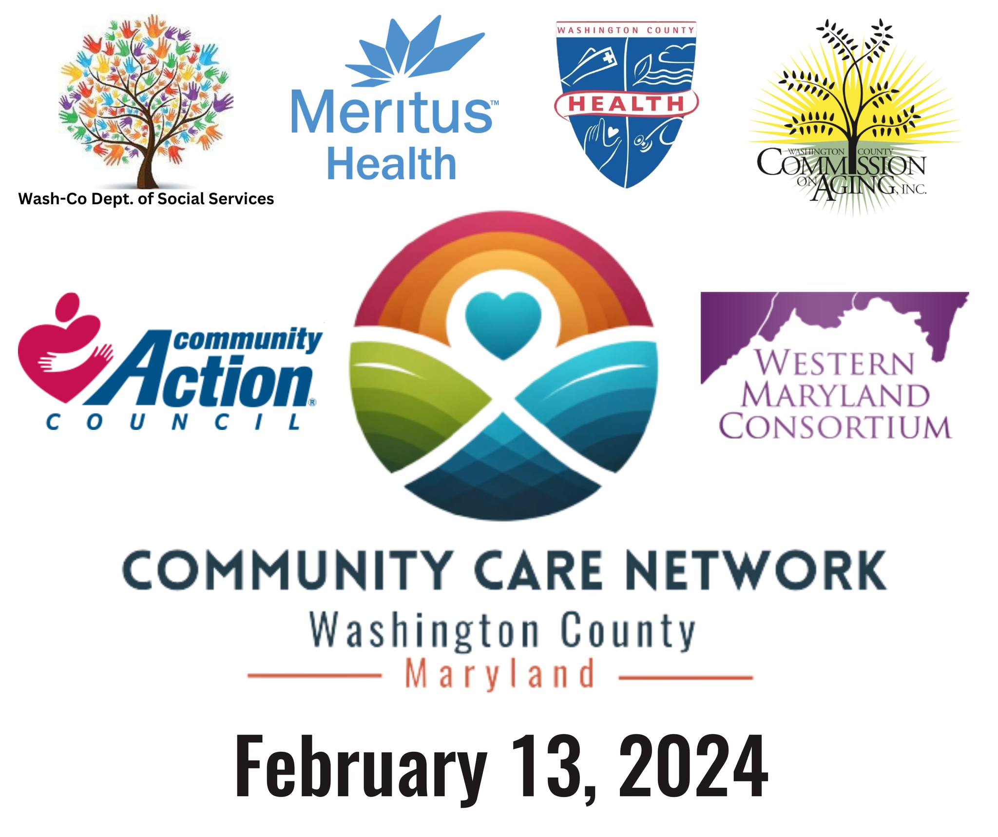 Image: Community Care Network Washington County Maryland art; white box with partner logos including health dept; Feb. 13, 2024, date is included as next event date