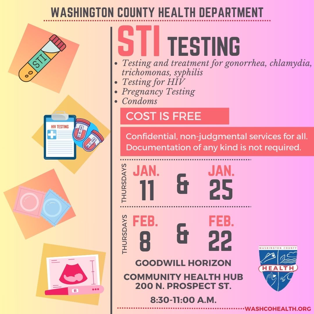 Image: Colorful box with illustrations related to sexual health. Text: STI testing. Free. Thursdays, Jan. 11 & 25 and Feb. 8 & 22. Goodwill Horizon's Community Health Hub, 200 N. Prospect St., Hagerstown. 8:30-11:00 a.m. Health dept logo and website included.