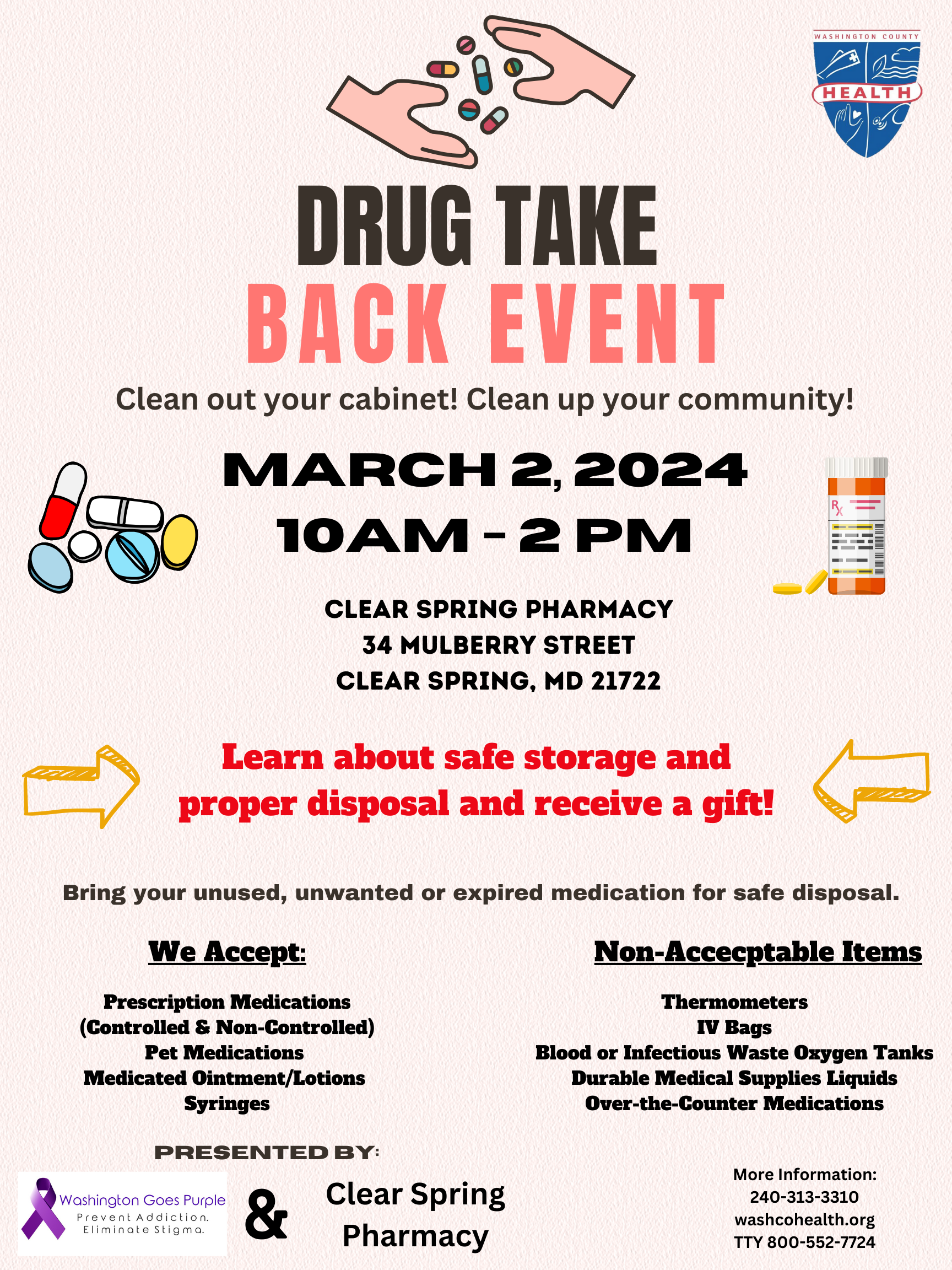 Image: Drug Take Back event flyer; March 2, 10 a.m.-2 p.m.; Clear Spring Pharmacy; logos for pharmacy, health department and Washington Goes Purple; various illustrations of pills and prescription bottles; details in event listing