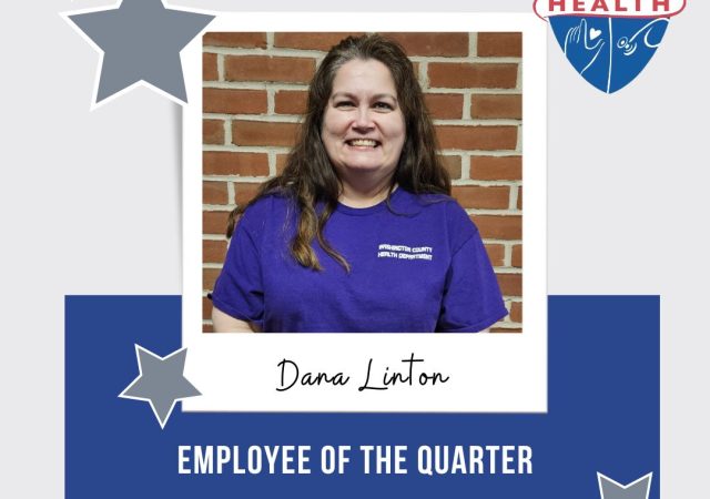 Image: Employee of the Quarter template box with blue and silver color scheme and stars; photo of winner and name - Dana Linton; health department logo