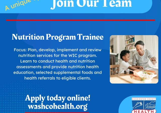 Image: Blue box with photo of mom and son making a salad; Text: A unique opportunity to Join Our Team. Nutrition Program Trainee with description of job opening. Apply today online! washcohealth.org. Questions - Contact Jessica in HR; health department logo