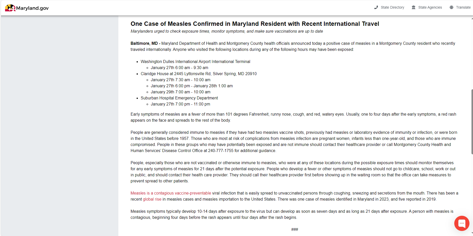 Maryland Department of Health press release (minus letterhead mast) on measles case confirmed in Montgomery County, Maryland, Feb. 1, 2024; maryland.gov logo; details in text
