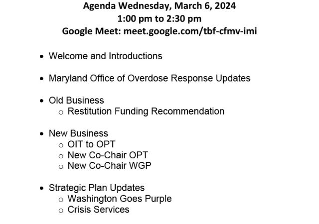 Image: Agenda for Opioid Prevention Team meeting, March 6, 2024, on health department letterhead