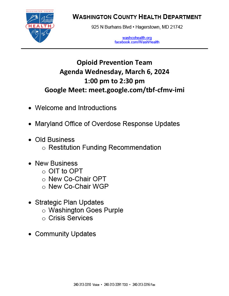Image: Agenda for Opioid Prevention Team meeting, March 6, 2024, on health department letterhead