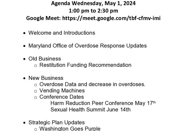 Image: WCHD letterhead; Text: Opioid Prevention Team agenda for May 1 meeting