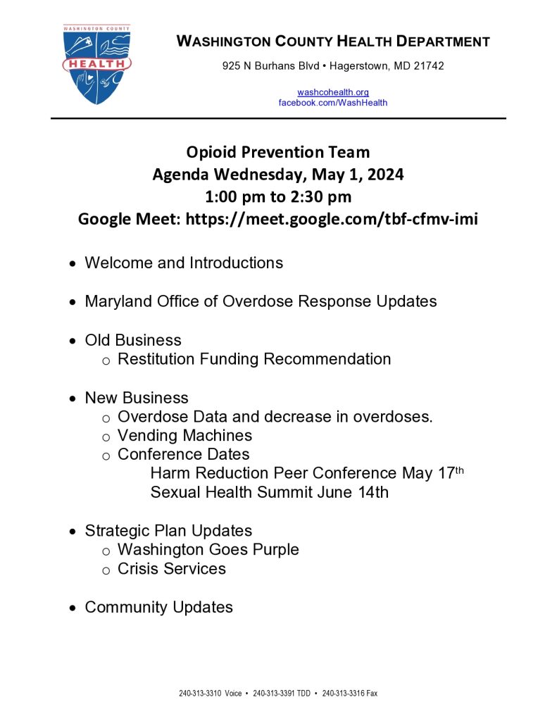 Image: WCHD letterhead; Text: Opioid Prevention Team agenda for May 1 meeting