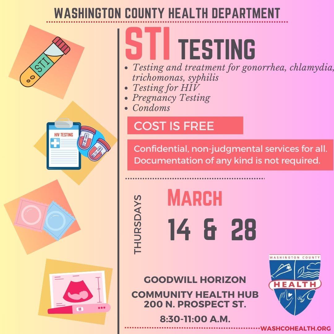 Image: Pink/Orange/Yellow box with images related to STIs; Details on STI testing at Community Health Hub in Hagerstown; March dates - 14 and 28; health dept logo; details in event listing on calendar