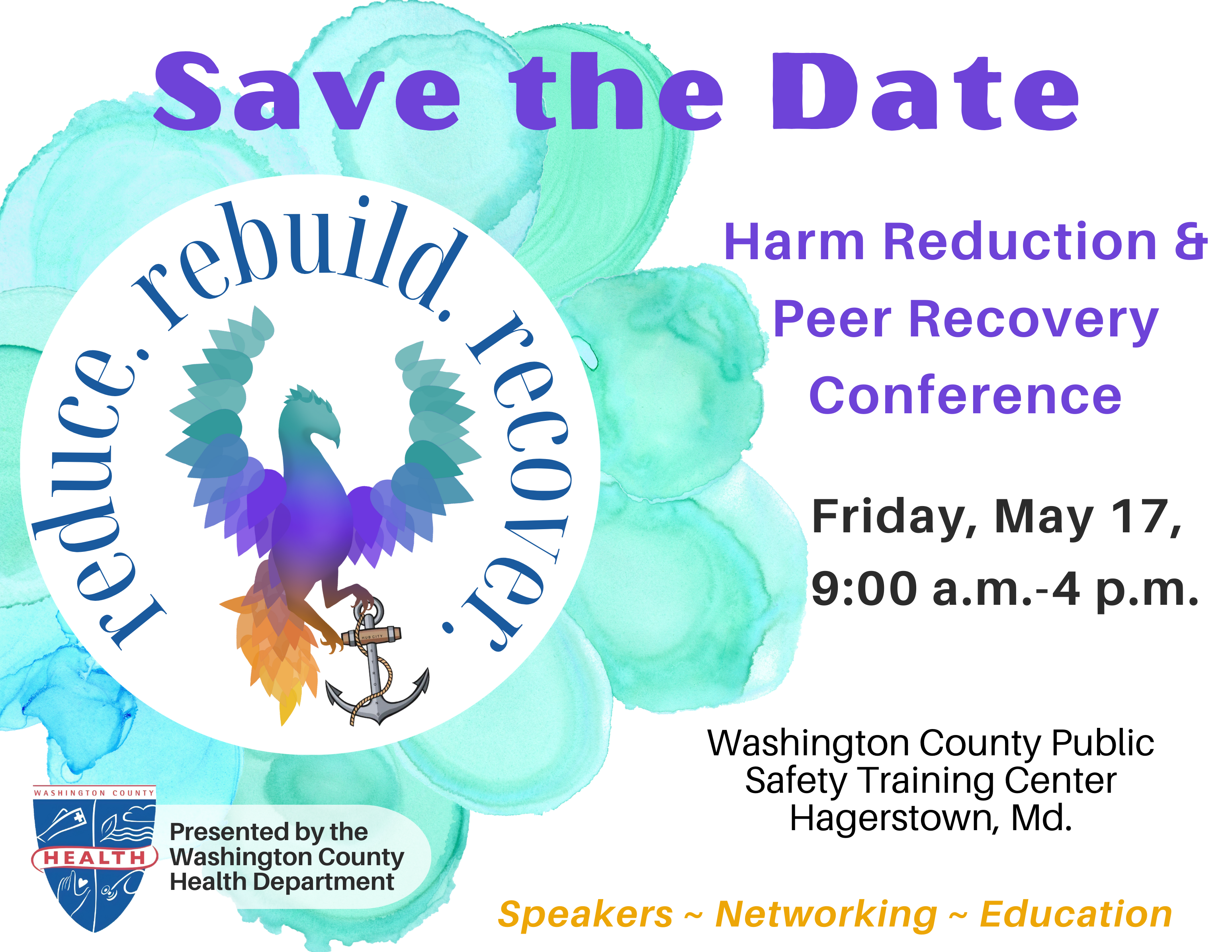 image: rainbow phoenix with an anchor in his claw. text: Save the Date Harm Reduction and Peer Recovery Conference