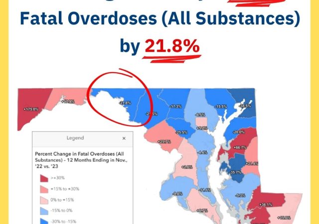 Image: White box, yellow border, Maryland map w/colors and legend to show where counties fit for data. Text: Washington County is Down Fatal Overdoses (All Substances) by 21.8%. Source of data noted from the state.