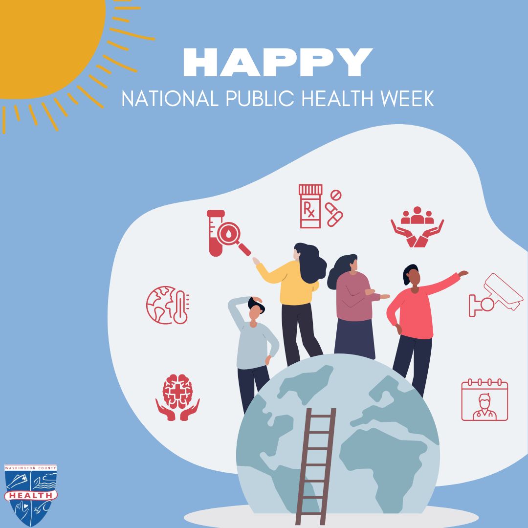 Image: Blue box; sun in left upper corner; white cloud above a globe and people standing on the globe; various public health illustrations being "placed" in the cloud by the people; health department logo; Text: Happy National Public Health Week