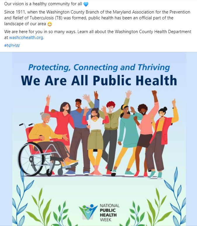Image: Blue box with illustrations of people; National Public Health Week logo; Text: Protecting, Connecting and Thriving - We Are All Public Health