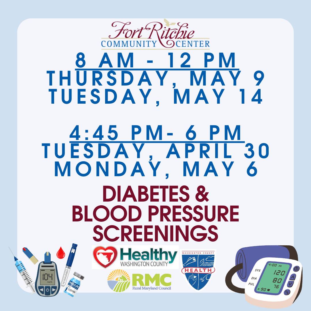 Image: White box with light blue and dark blue borders, logos for Fort Ritchie Community Center, health department, Healthy Washington County and Rural MD Council; Text: Diabetes & Blood Pressure Screenings, 8 a.m.-noon on May 9, 14 and 4:45-6:00 p.m. on May 6