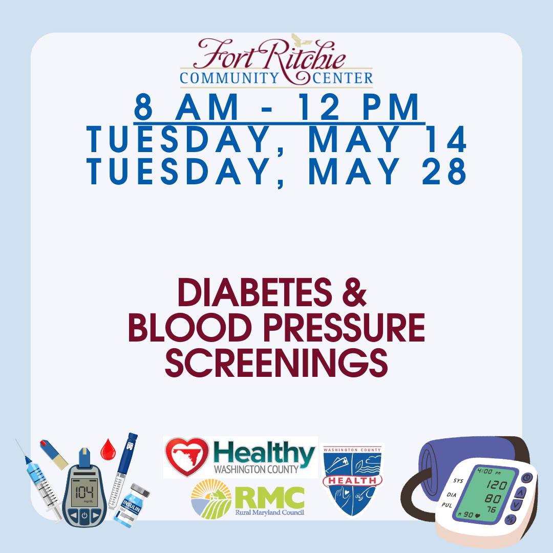 Image: White box with various blue borders; illustrations related to health care; logos for Ft. Ritchie Community Center, health department, Healthy Washington County and Rural MD Council; Text: Diabetes & Blood Pressure Screenings, 8 a.m.-noon on Tuesdays, May 14 & 28