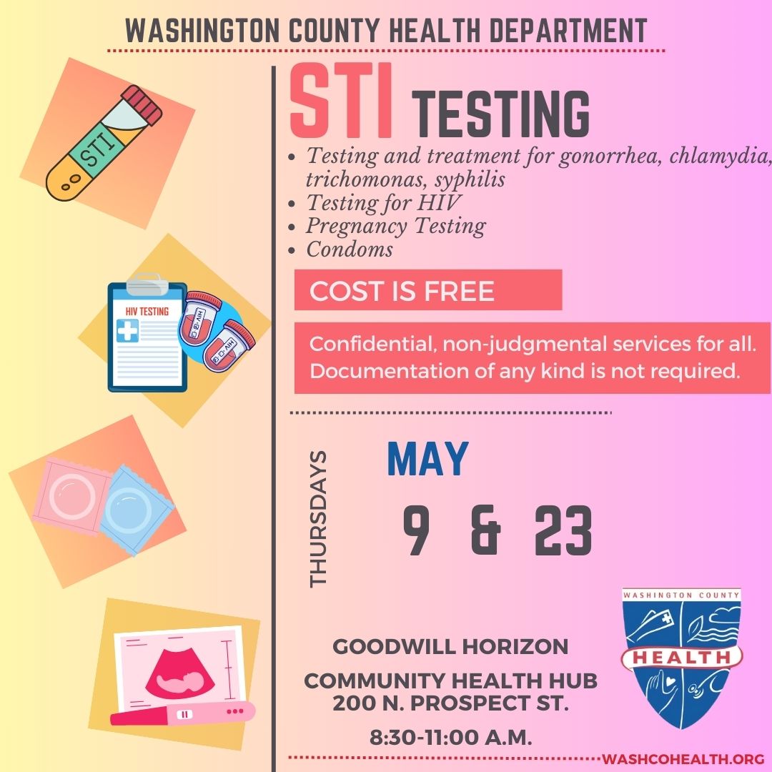 Image: Box w gradient colors of yellow, peach and pink, various illustrations representing health care and health dept. logo; Text: Washington County Health Department STI Testing, May 9 & 23, 8:30-11:00 a.m., 200 N. Prospect St., Cost is free.