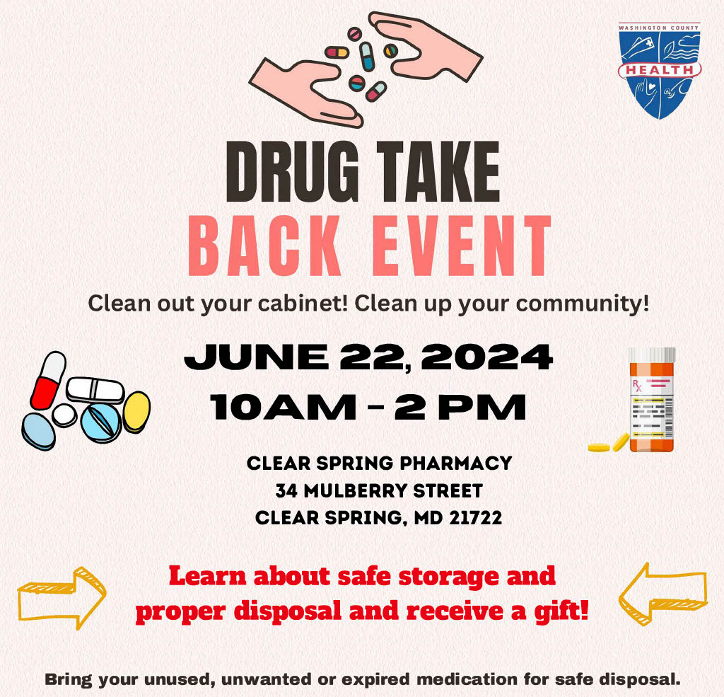 Image: Various illustrations of pills and bottles. Text: Drug Take-Back Event, June 22, 10 a.m.-2 p.m. Clear Spring Pharmacy. Details in the text of the post.
