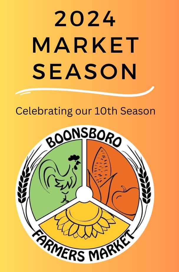 Image: Box with gradient oranges and logo for Boonsboro Farmers Market. Text: 2024 Market Season. Celebrating our 10th Season.