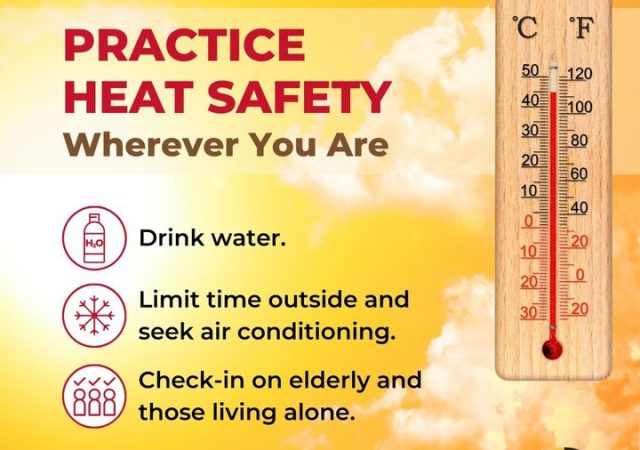 Image: Yellow box with clouds and sun to illustrate a hot day; temperature gauge; MD Dept of Health logo. Text: Practice Heat Safety Wherever You Are. Drink water. Limit time outside and seek air conditioning. Check-in on elderly and those living alone.