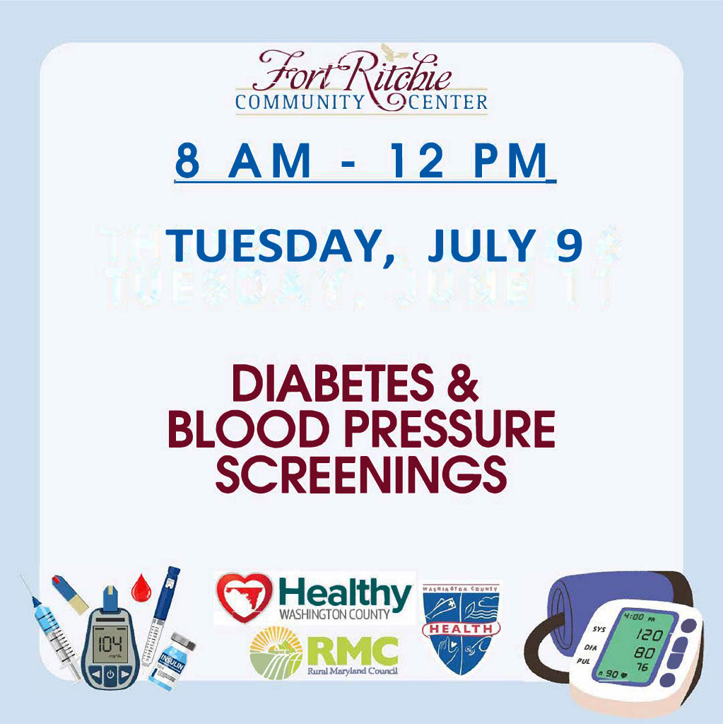 Image: Light blue box with dark blue border; logos for Fort Ritchie Community Center, health dept, Healthy Washington County and Rural MD Council; illustrations related to health care. Text: Diabetes & Blood Pressure Screenings, Tuesday, July 9, 8 a.m.-Noon