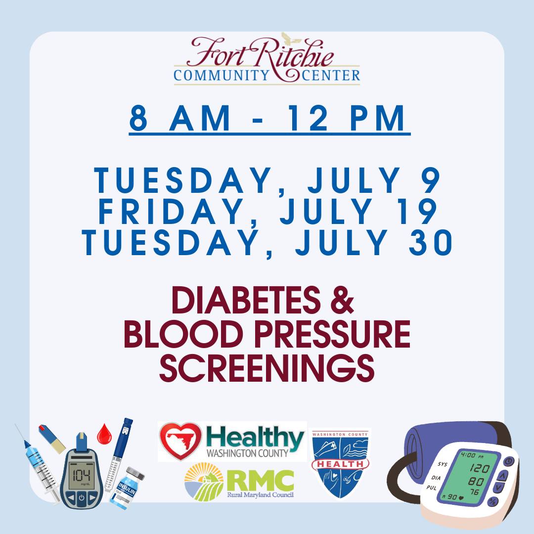 Image: Box with gradient shades of blue; branded with logos for Fort Ritchie Community Center, health department, Healthy Washington County and Rural MD Council; various health-care-related illustrations. Text overlay: Diabetes & Blood Pressure Screenings, July 9, 19, 30, 8 a.m.-Noon