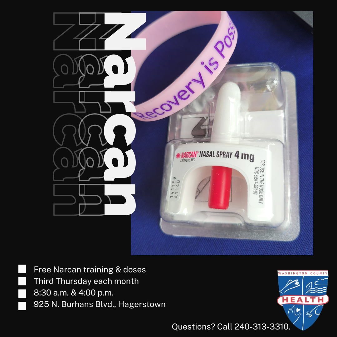 Image: Black box; image of Nalaxone product, purple bracelet with words: Recovery is Possible printed on it; health dept logo. Text: Narcan - Free training and doses; Third Thursday each month; 8:30 a.m. & 4:00 p.m.; 925 N. Burhans Blvd., Hagerstown; Questions? Call 240-313-3310.