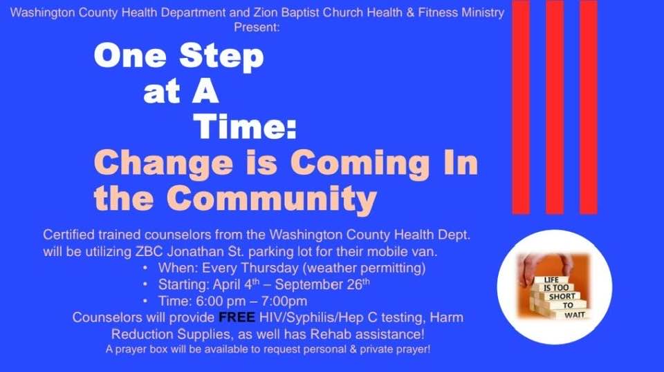 Image: Blue box with illustration of hand holding stairsteps that state - Life is too short to wait. Overlay text: One Step at a Time: Change is Coming in the Community with list of services and dates/times as described in the event narrative.