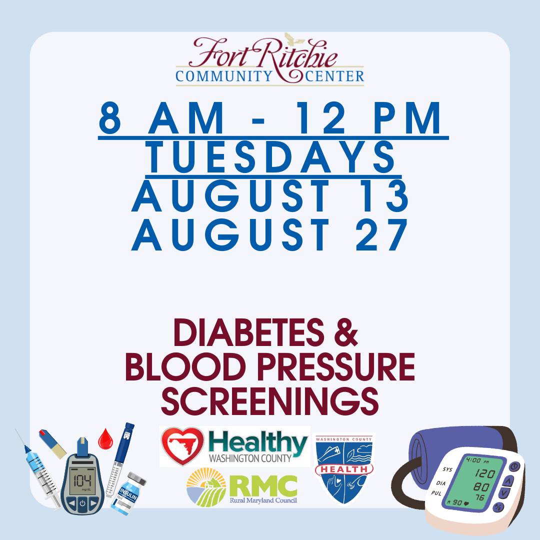 Image: White box with blue border and various illustrations related to health care; logos of community center, health department, Healthy Washington County and Rural Maryland Council. Text overlay: 8 a.m.-Noon, Aug. 27, Diabetes & Blood Pressure Screenings