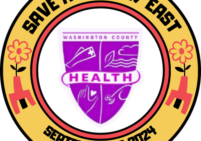 Image: White center circle containing purple "version" of health dept. logo, bordered by red circle, bordered by yellow circle, bordered with black outline; Text in yellow circle: Save a Life Day East, Sept. 26, 2024, Naloxone Saves Lives; illustration of Narcan dispenser with flower growing out of it.