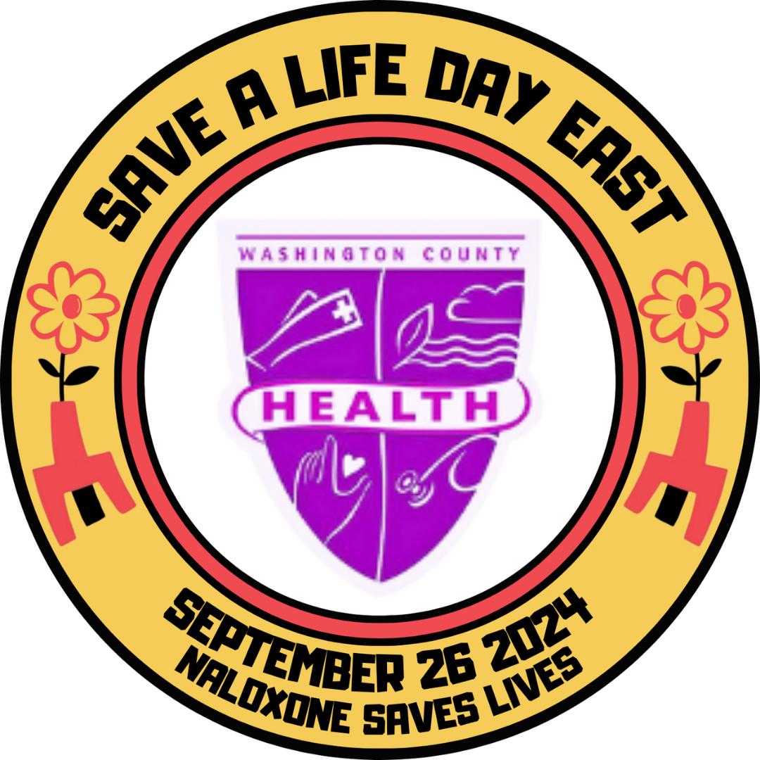 Image: White center circle containing purple "version" of health dept. logo, bordered by red circle, bordered by yellow circle, bordered with black outline; Text in yellow circle: Save a Life Day East, Sept. 26, 2024, Naloxone Saves Lives; illustration of Narcan dispenser with flower growing out of it.