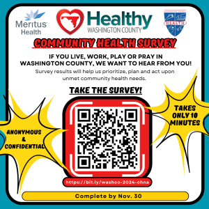 logos: Meritus, Healthy Washington County, and Washington County Health Department. Community Health Needs Survey. Take the survey. Complete by November 30th.