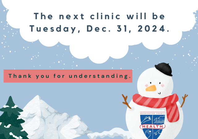 The STI walk-in clinic will be closed Tuesday, Dec. 24. The next clinic will be Tuesday, Dec. 31, 2024. Thank you for understanding. Enjoy your holidays! Health dept. logo.