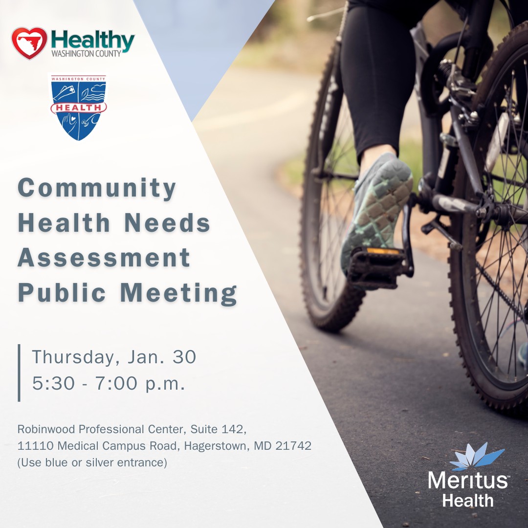 Image: Legs of person pedaling a bike. Public meeting for CHNA, Thursday, Jan. 30, 5:30-7:00 p.m., Robinwood Professional Center, suite 142 in Hagerstown. Logos included Healthy WashCo, WCHealth Dept and Meritus