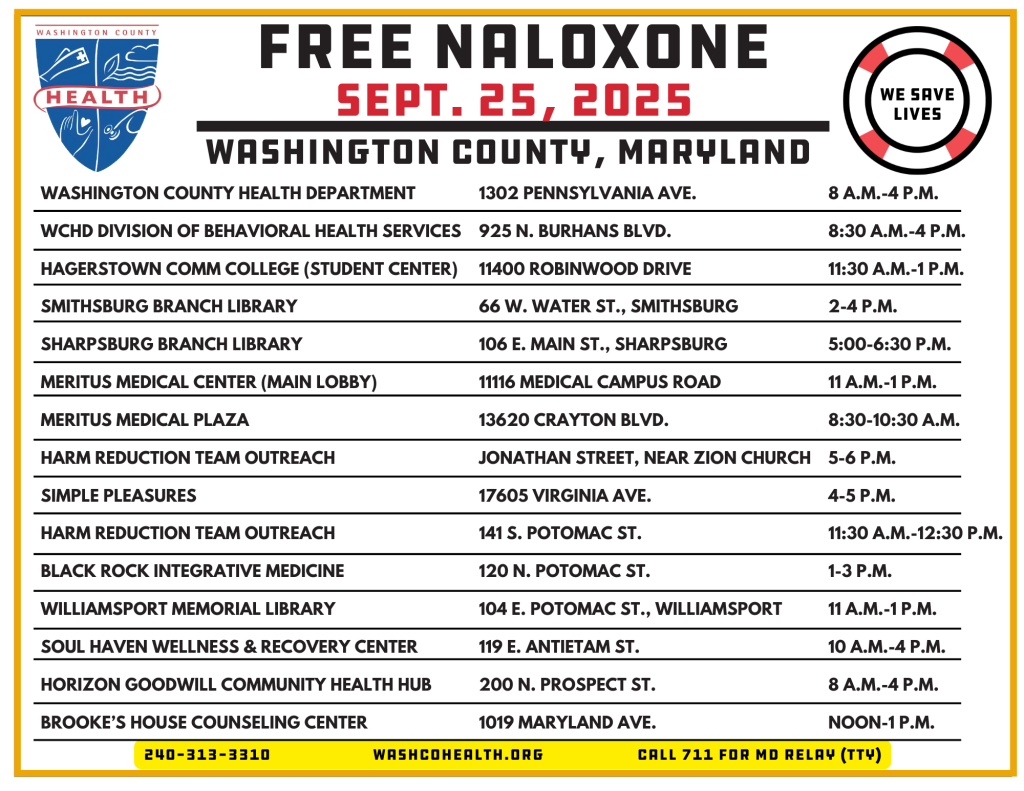Free Naloxone in Washington County, MD, Sept. 25, 2025; list of locations; health dept. logo, phone number and website