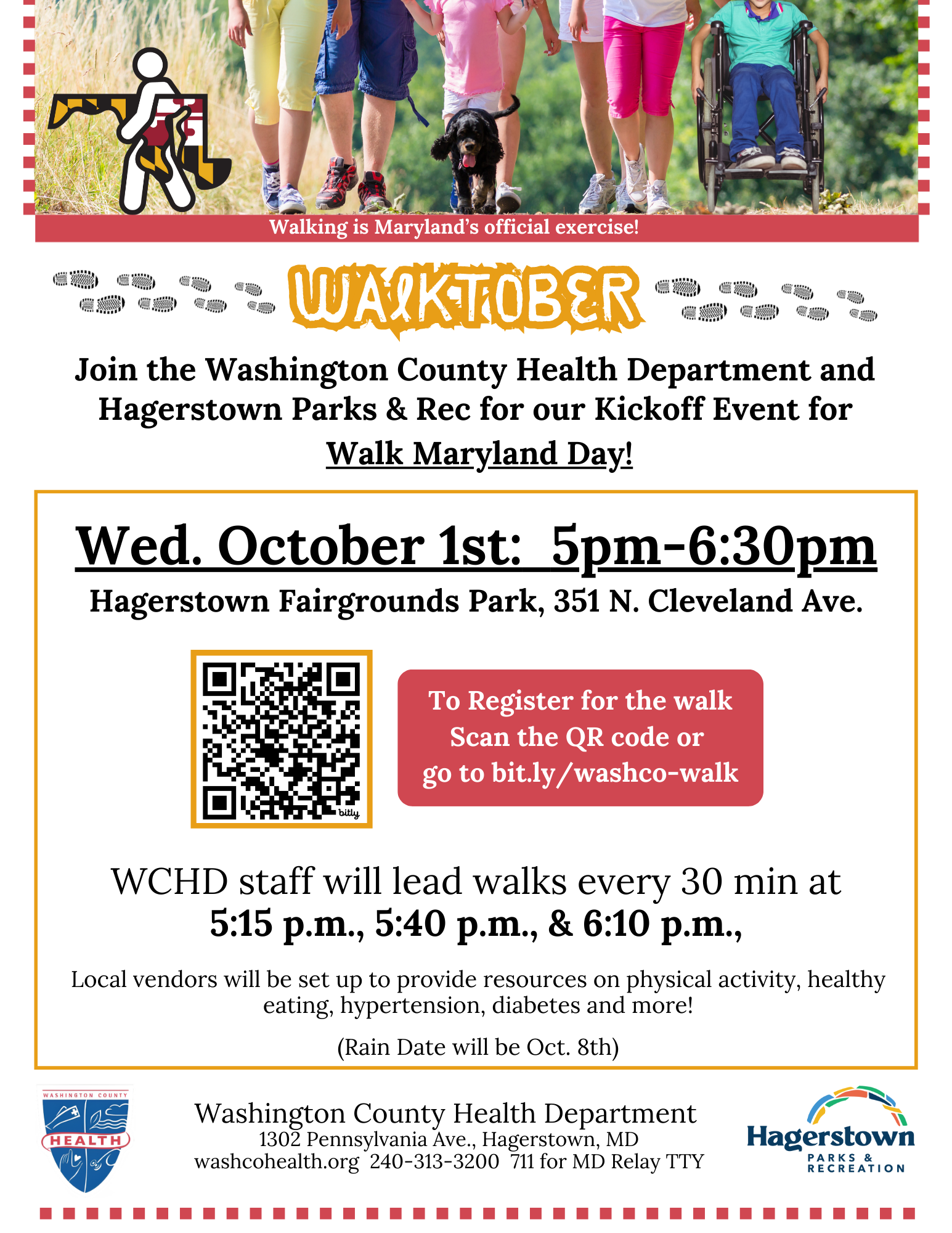 image: people hiking on trail. text: Kick off Walktober and join the Washington County Health Department and Hagerstown Parks & Rec for our Walk Maryland Day Event and Walk! WCHD staff will lead walks every 30 min at 5:15 p.m., 5:40 p.m., & 6:10 p.m. Local vendors will be set up to provide resources on physical activity, healthy eating, hypertension, diabetes and more! (Rain Date will be Oct. 8th)