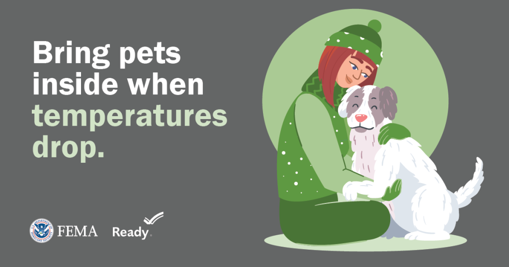 Text: Bring pets inside when temperatures drop. Images: Illustration of woman in winter clothing hugging a puppy; FEMA and Ready.gov logos.