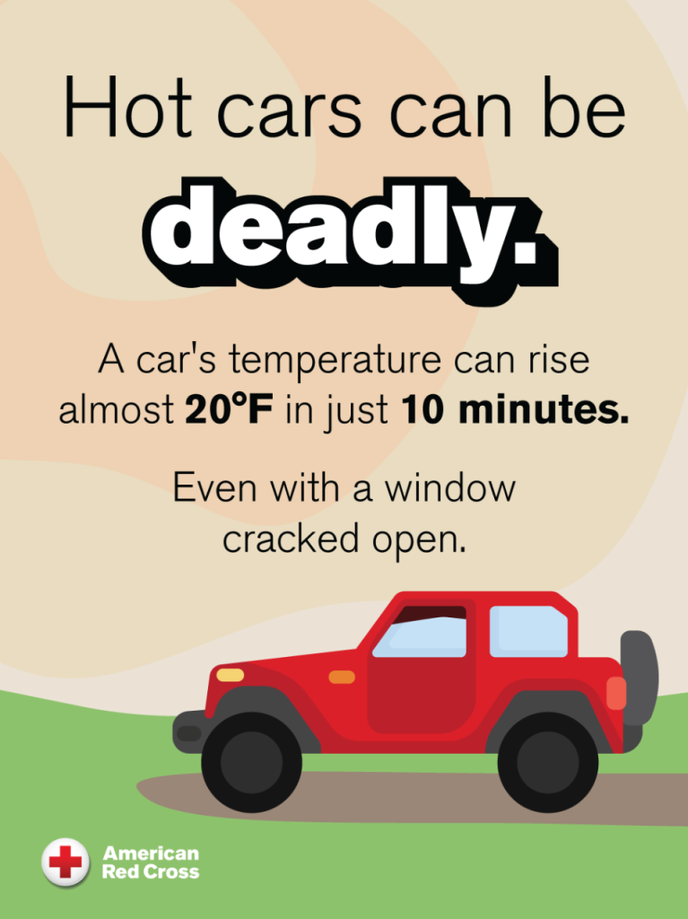 Hot cars can be deadly. A car's temperature can rise almost 20 degrees F in just 10 minutes. Even with a window cracked open. Source: American Red Cross.